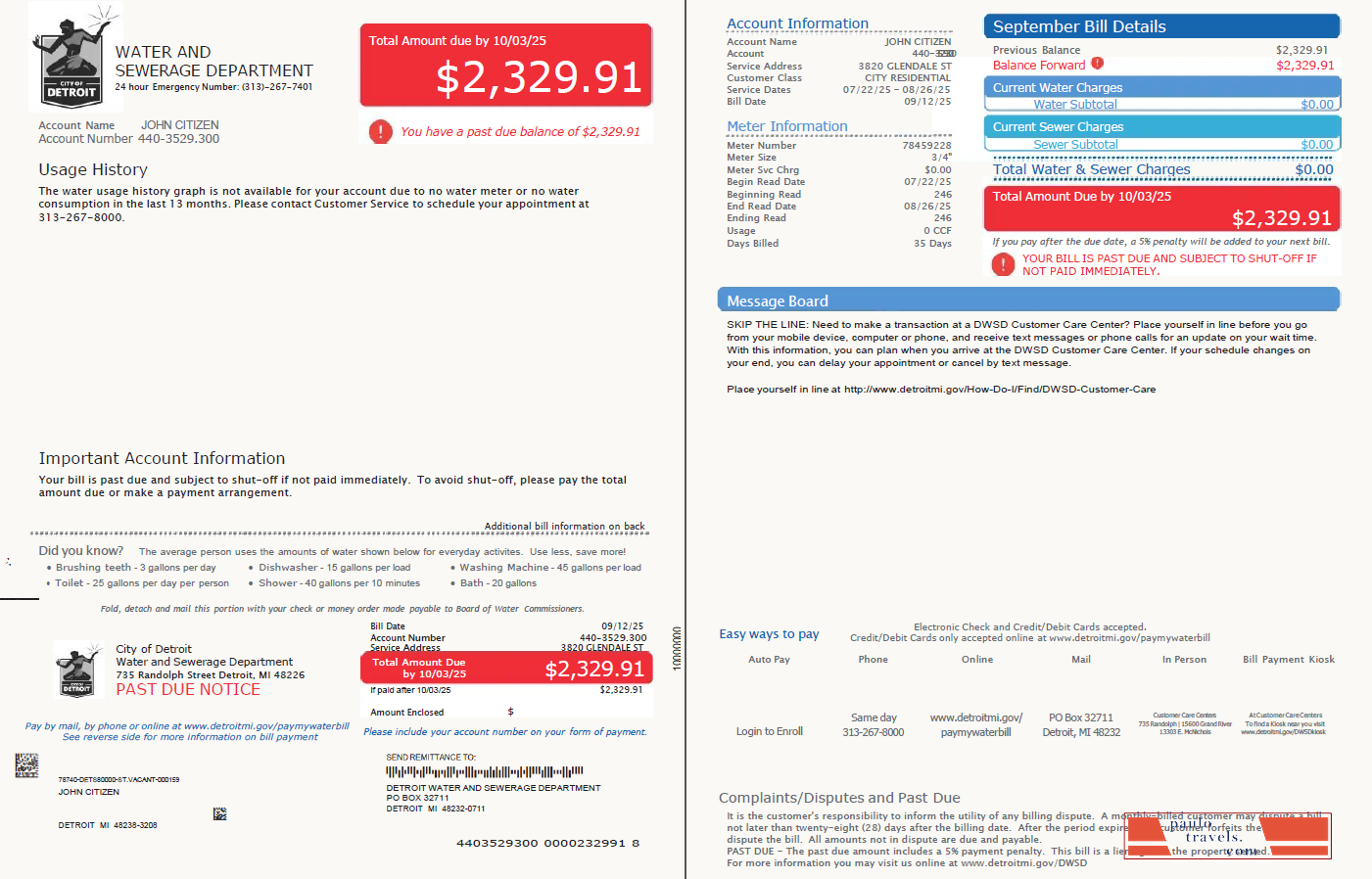 USA Glendale Water and Sewerage Department utility bill template in Word and PDF formats, 2 pages